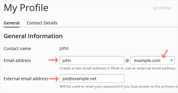 change plesk contact email address