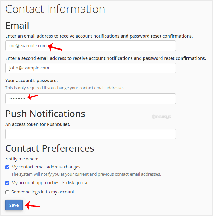 How to Update cPanel Contact Information and Receive Resource Limit Notifications contact info settings