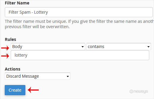 How to Create a "User Level Email Filter" in cPanel create filter body