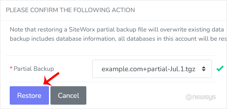 How to Restore Partial Backup in SiteWorx restore popup